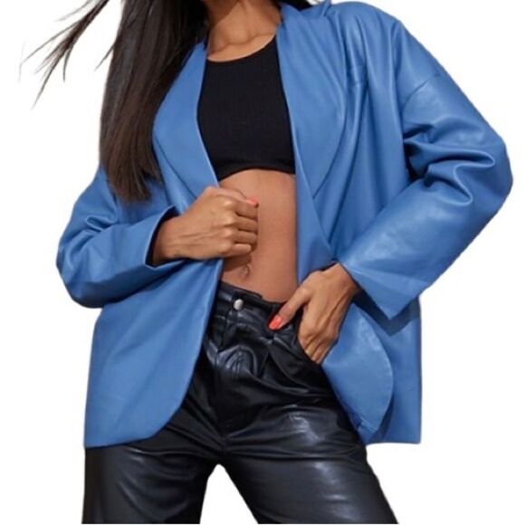 Pretty Little Thing Blue Faux Leather Drop Shoulder Oversized Dad Blazer Size 10 - Picture 1 of 8